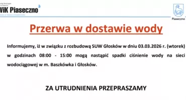 Spadki ciśnienie wody na sieci wodociągowej w m. Baszkówka i Głosków